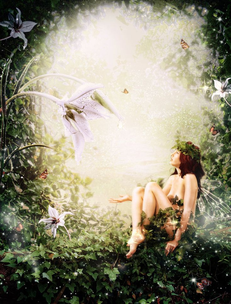 a painting of a woman sitting on the ground surrounded by flowers and birds flying overhead