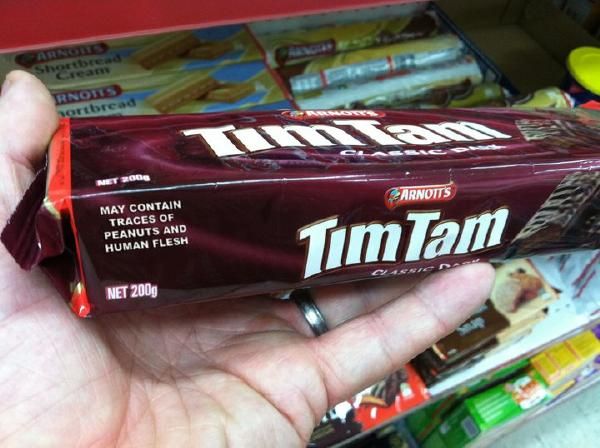 This photo which shows "human flesh" as an ingredient for Tim Tams is fake. Assume nothing and question everything. Thursday Humor, Funny Candy, Image Meme, Tim Tam, E Card, I'm Sorry, What’s Going On, Funny Pins, Bones Funny