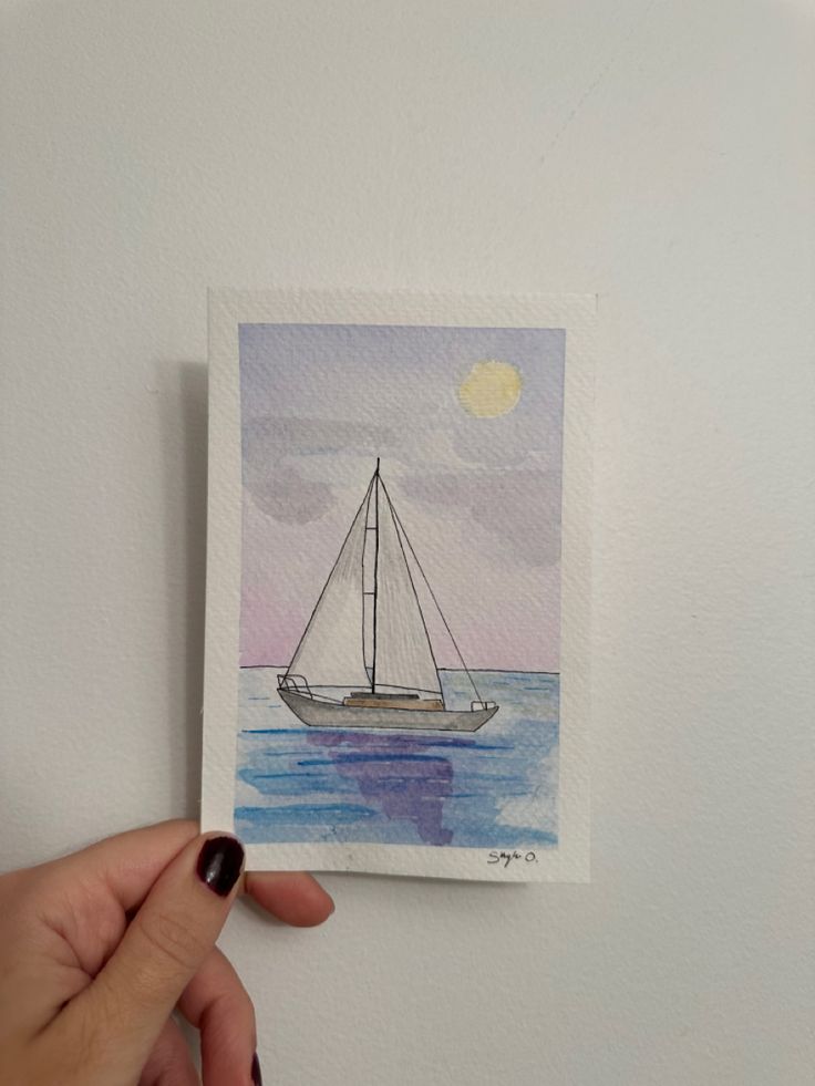 a watercolor painting of a sailboat floating in the ocean at sunset or dawn