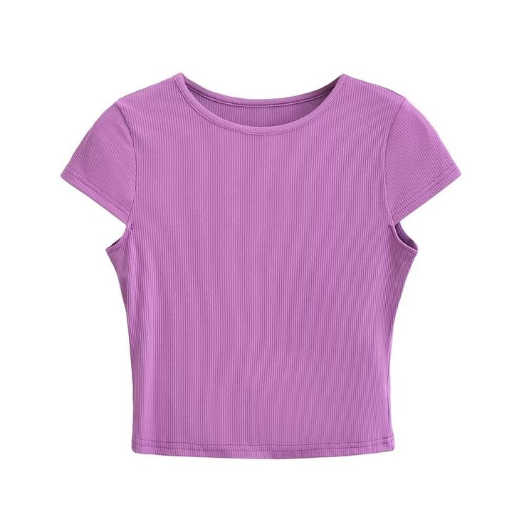 Introducing our Round Neck Cropped Tee, the ultimate blend of casual and basic style. This slim-fit top, crafted from high-quality polyester, offers a comfortable and flattering look. The solid pattern and ribbed element add a touch of sophistication to this wardrobe essential. Designed with a trendy crew neckline and regular short sleeves, this cropped tee is perfect for summer. Whether you're pairing it with high-waisted jeans or a cute skirt, this versatile piece is a must-have for effortless Fitted Basic Ribbed T-shirt, High Stretch Ribbed Basic Tops, High Stretch Crew Neck Top With Ribbed Neckline, Ribbed Solid Stretch Tops, Basic Ribbed Stretch Tops, Solid Ribbed Stretch Top, Solid Stretch Crew Neck Top, Stretch Solid Ribbed Top, Solid Stretch Ribbed Tops