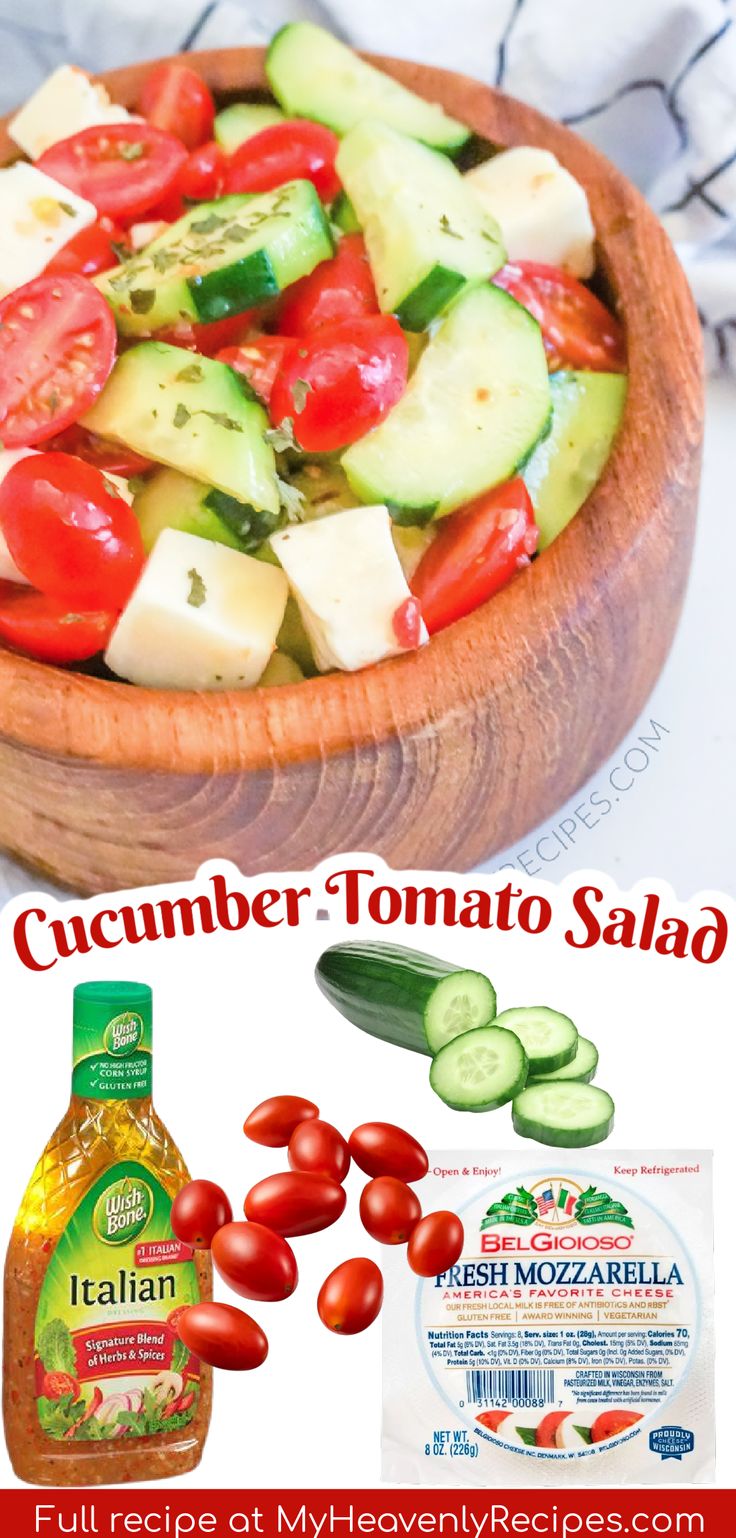 a wooden bowl filled with cucumber and tomato salad next to a bottle of ketchup