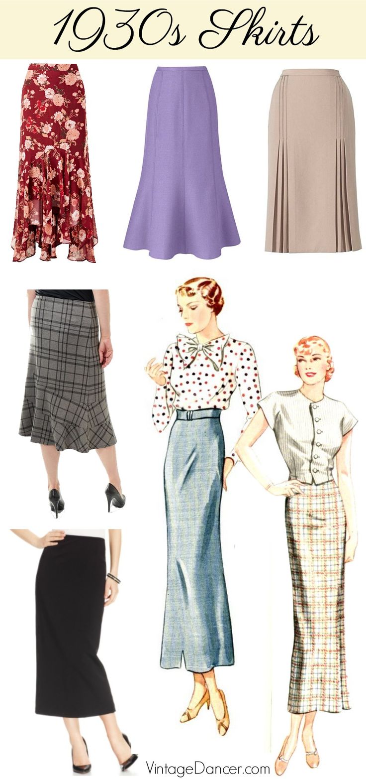 1930s style skirts. Tea mid length vintage skirts, column skirts, gored skirts, pleated skirts, hanky hem skirts. at #vintagedancer 1930s Outfits, Summer Outfits Women 30s, 1930 Fashion, Fashion 30s, 30s Fashion, Fashion Guide, Retro Mode, 1930s Fashion, Black Women Fashion