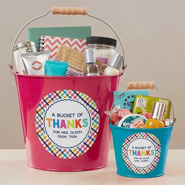 a bucket of thank you for her and him with personalized items in the basket