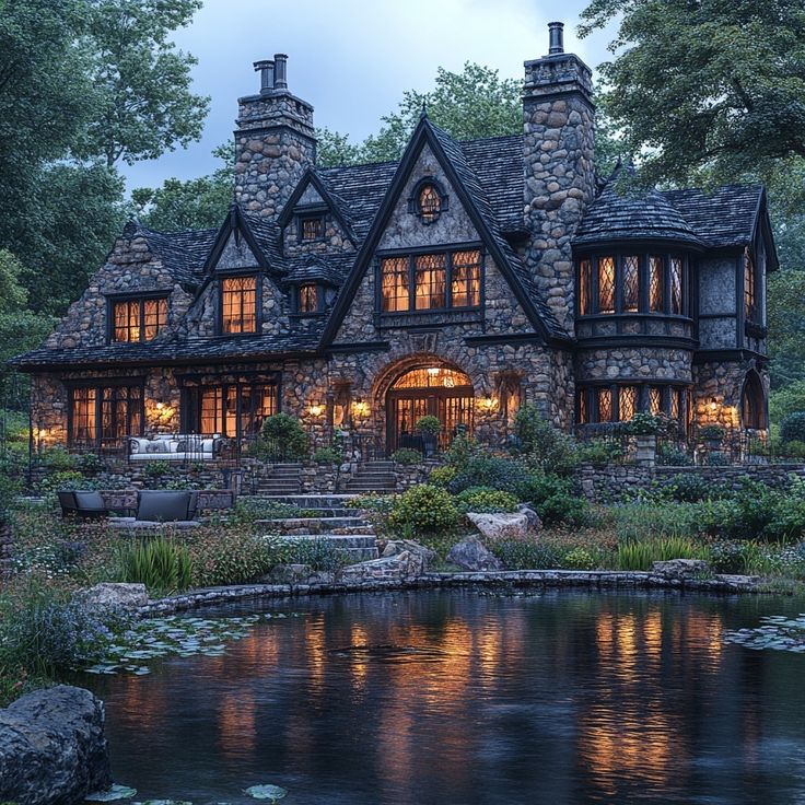 a large stone house sitting on top of a lush green field next to a river