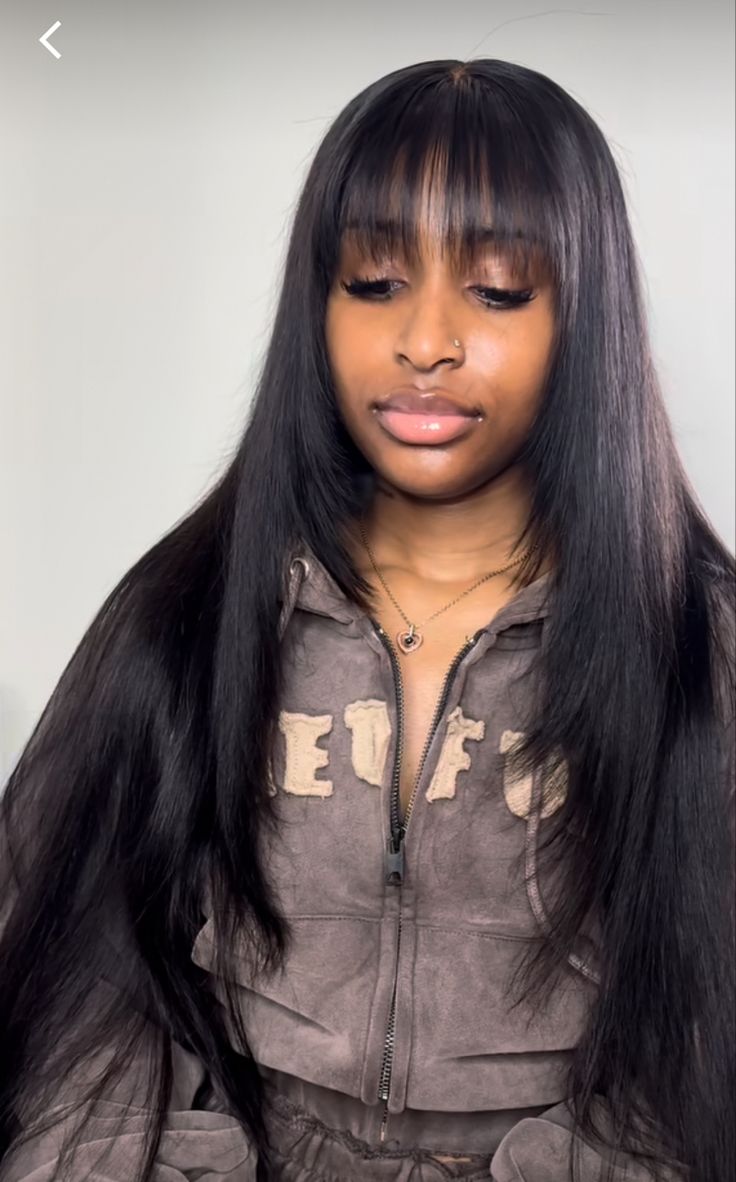 Straight Wig Bangs, Chinese Bangs Frontal Wig, Chinese Bangs Sew In, Wigs With Fringe Bangs Black Women, Bang Closure Wig, Bussdown With Bangs, Straight Bangs Black Women, Bang With Layers Wig, Closure Bangs Sew In