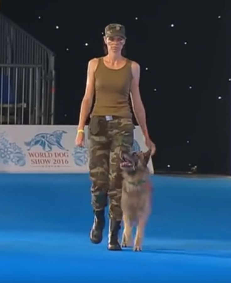 a woman walking with a dog on a blue carpet