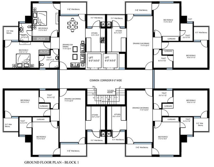 the floor plan for an apartment building with three floors and four rooms, including one bedroom