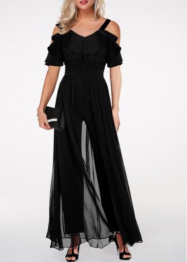 Ruffle Trim Strappy Cold Shoulder Black Jumpsuit | liligal.com - USD $35.08 Classy Jumpsuit Outfits, Cold Shoulder Jumpsuit, Cheap Jumpsuits, Classy Jumpsuit, Jumpsuit Outfits, Trendy Jumpsuit, Ruffle Jumpsuit, Jumpsuit Outfit, Jumpsuit Fashion