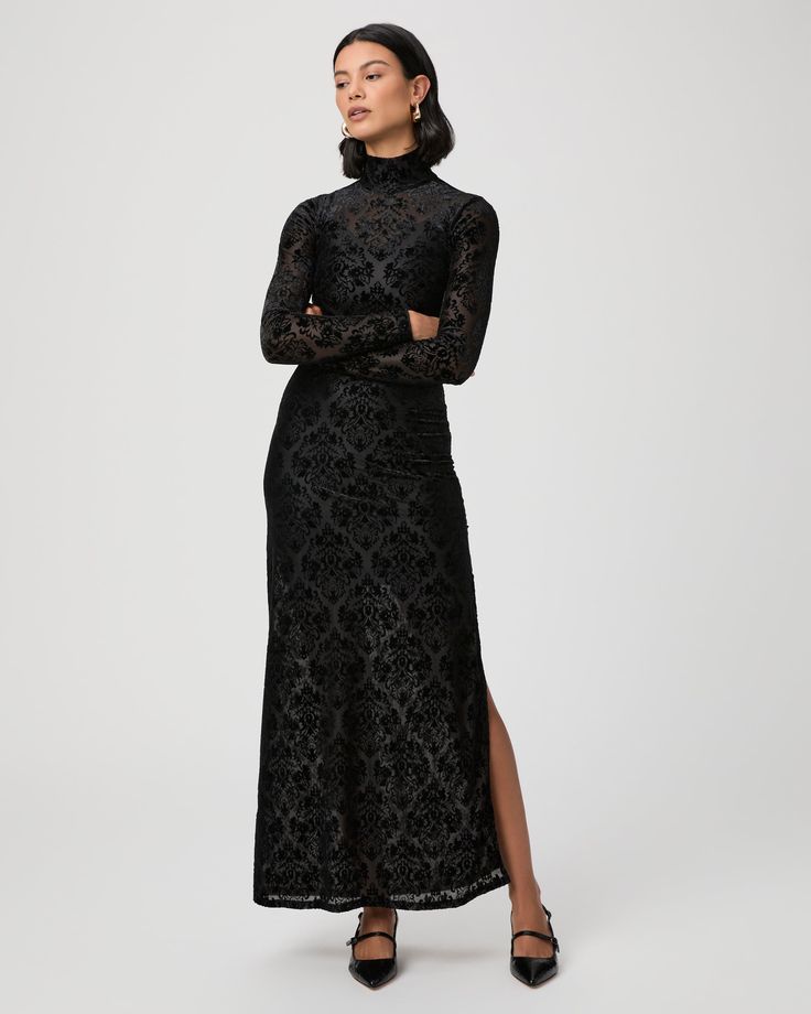 Made from a black stretch mesh material with a velvet burnout jacquard pattern and attached cami underneath, this edgy long sleeve turtleneck midi dress will be your new favorite date night staple. | Lucca Dress - Black | Size XL Turtleneck Midi Dress, Velvet Burnout, Jacquard Pattern, Jacquard Dress, Long Sleeve Turtleneck, Long Sleeve Maxi, Clothing Care, Mesh Material, Paige Denim