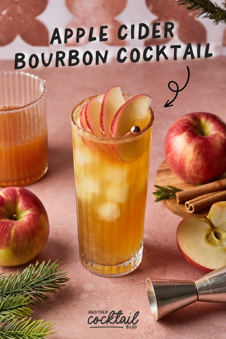 an apple cider bourbon cocktail with cinnamon and apples