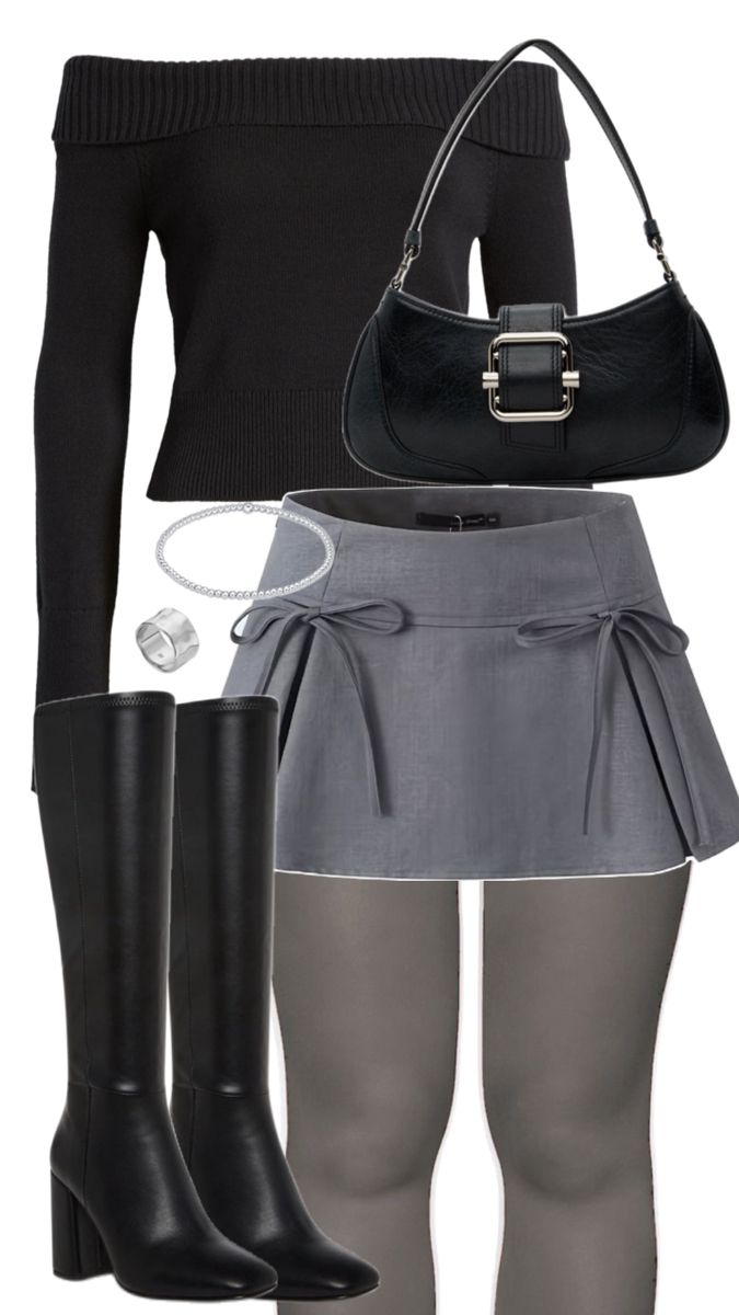 Monochromatic black grey outfit with black purse and silver jewelry for fall🍂 Black Grey Outfit, Monochromatic Outfit Black, Grey Mini Skirt Outfit, Sweater And Mini Skirt, Mini Skirt Fall Outfit, Gray Skirt Outfit, Skirt Fall Outfit, Marvel Clothes, Skirt Outfits Fall