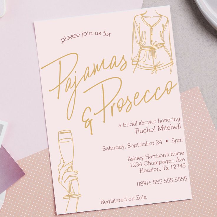 a pink and gold birthday party card with the words pajama's & fresco on it