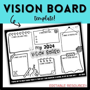 a black and white photo with the words vision board on it, next to an image of