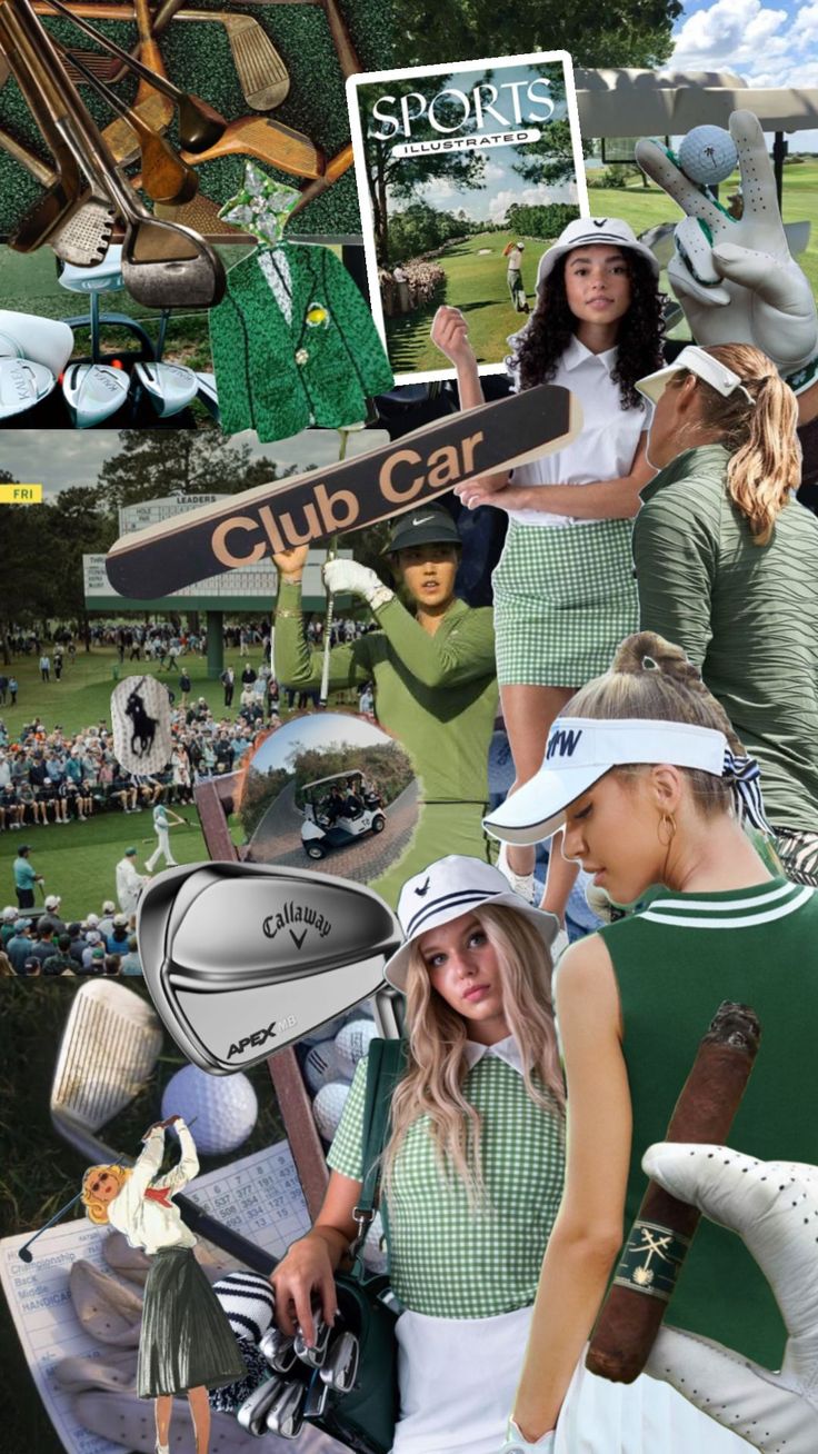 the collage shows many different women in green and white outfits with golf equipment on them