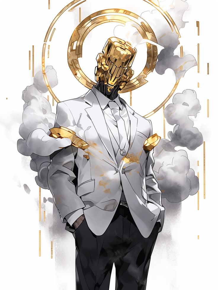 God Of Technology Art, Gold Character Design, God Of Technology, A Man In A Suit, Man In A Suit, Gold Mask, Monster Concept Art, Futuristic Art, Game Character Design