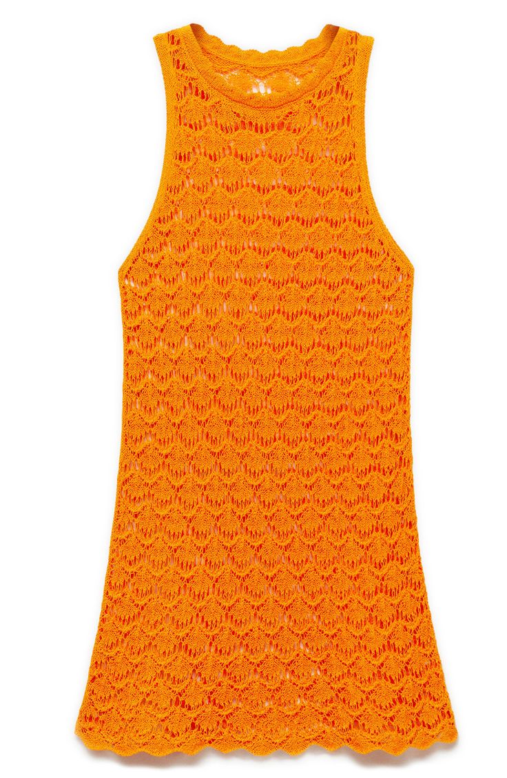 Add an artisanal touch to your sunny-weather look in a sheer crocheted minidress trimmed with sweet scallops. Slips on over head Crewneck Sleeveless Sheer; base layer shown not included 86% cotton, 14% polyester Hand wash, line dry Imported Chic Summer Crochet Dress With Pointelle Knit, Summer Pointelle Knit Crochet Dress, Chic Crochet Dress With Pointelle Knit For Summer, Sleeveless Pointelle Crochet Dress For Beach, Sleeveless Pointelle Knit Crochet Beach Dress, Sleeveless Pointelle Knit Crochet Dress For Beach, Sleeveless Crochet Dress With Scalloped Lace For Summer, Chic Sleeveless Cotton Crochet Dress, Summer Stretch Crochet Dress