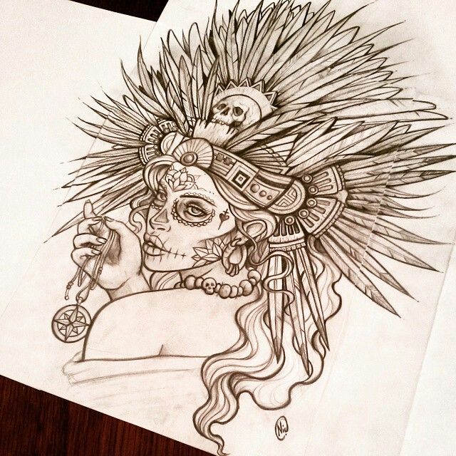 a drawing of a skull with feathers on it's head and an arrow in its hand