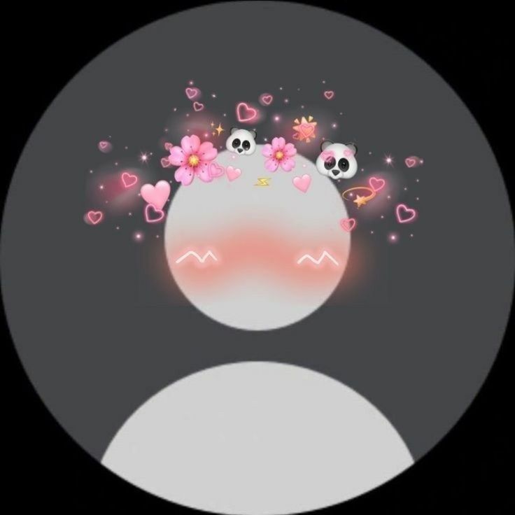 two pandas with pink flowers and hearts on their heads in the middle of a black circle