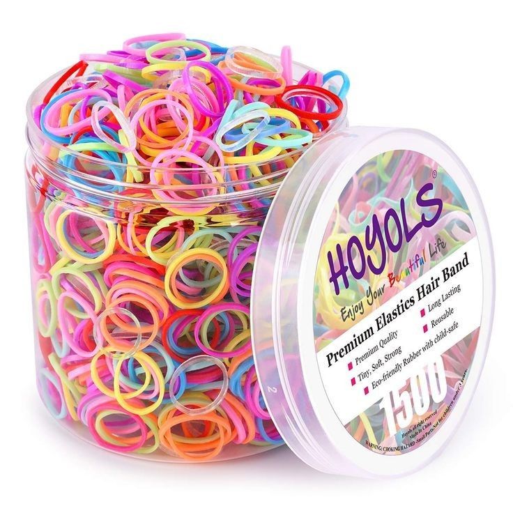 a tub filled with lots of colorful rubber bands