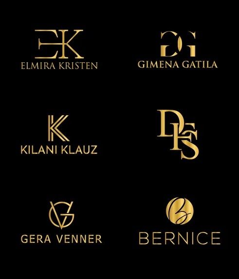 six different logos with gold foil on black background