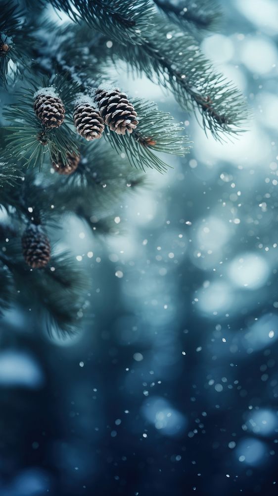 pine cones are hanging from the branch of a tree in the snow with water droplets on it