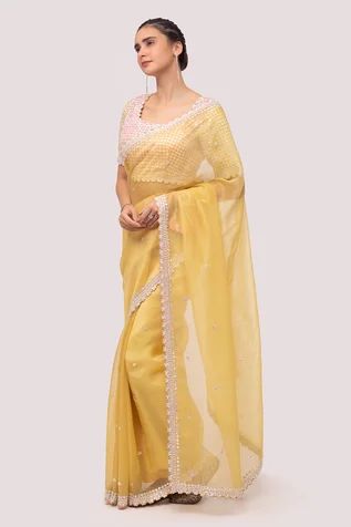 Shop for Onaya Yellow Organza Saree With Embroidered Blouse for Women Online at Aza Fashions Yellow Georgette Saree, Designer Saree Blouse, Reception Saree, Georgette Saree, Organza Saree, Traditional Sarees, Orange Fashion, Thread Work, Georgette Sarees