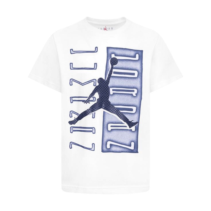 The Jordan Vertical Columns Youth Tee is a slam dunk in the basket of style. With the bold front design, complete with a Jumpman boldly placed, your kid will get the attention they want for their style game. Because it has a loose fit, your child will stay comfortable all day, from the time they get ready until bedtime. Fabric: 60% Cotton, 40% Polyester. Machine washable. Crew neck. Short-sleeved. Collegiate Basketball Tops With Graphic Print, Collegiate Graphic Print Tops For Basketball, Sporty Logo Print T-shirt For Basketball, Sporty Basketball T-shirt With Logo Print, Sporty Logo Print T-shirt, Soccer Shop, Newest Jordans, Slam Dunk, Top Graphic Tees