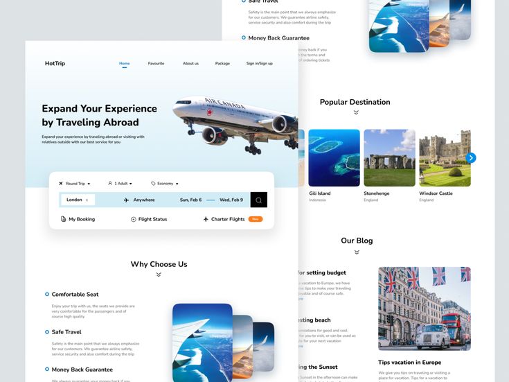 the landing page for an airline website, with multiple images and captions on it