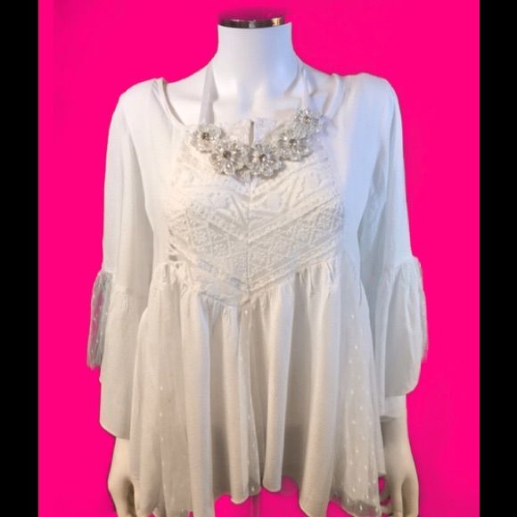 Fun And Frilly, This Blouse Flows And Is Elegant Enough For Work Or Play. 100% Rayon (Necklace Sold Separately). Elegant Flowy Peasant Top For Summer, Elegant Summer Peasant Top For Brunch, Elegant V-neck Peasant Top For Brunch, Flowy Blouse With Lace Trim For Brunch, Elegant Summer Peasant Top, Elegant White Peasant Top With Lace Trim, White Ruffle Blouse, Top Blouse, Ruffle Blouse