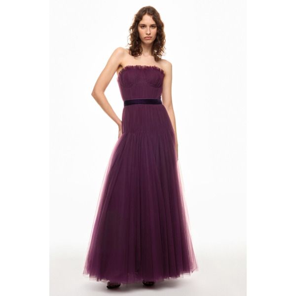 Purple (100% Nylon). Gown. Sleeveless. Strapless. Back zipper closure. 58" from shoulder to hemline. Imported. Sleeveless Tulle Maxi Dress For Formal Occasions, Formal Strapless Tulle Evening Dress, Strapless Tulle Evening Dress For Formal Occasion, Formal Strapless Evening Dress With Tulle Skirt, Sleeveless Tulle Gown For Gala, Sleeveless Evening Dress With Tulle Skirt And Fitted Bodice, Elegant Strapless Tulle Dress For Gala, Strapless Tulle Skirt Evening Dress For Formal Events, Sleeveless Tulle Evening Dress