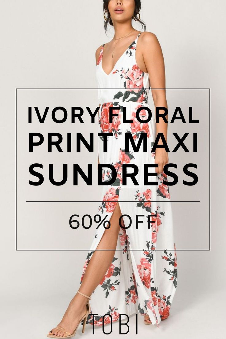 Save money on this long ivory floral print maxi sundress. Get ready for sundress season by exploring the best sundresses for women in all styles and colors. You will find plenty of maxi and off the shoulder sundresses, short and flirty sundresses, or even strapless sundresses that will look great with sandals or heels all summer long. Shop the best selection of cute cheap sundresses and inexpensive sundresses from TOBI. Catch the TOBI dresses online sale happening now! #sundress #floraldress