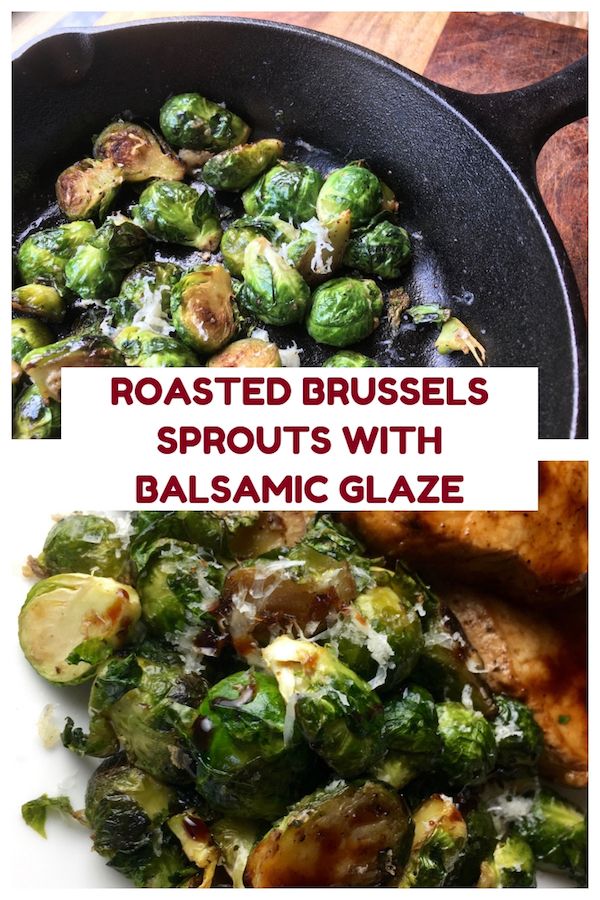 roasted brussel sprouts with balsamic glaze in a skillet