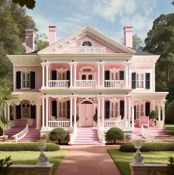 a large pink house with many windows and balconies on the front porchs