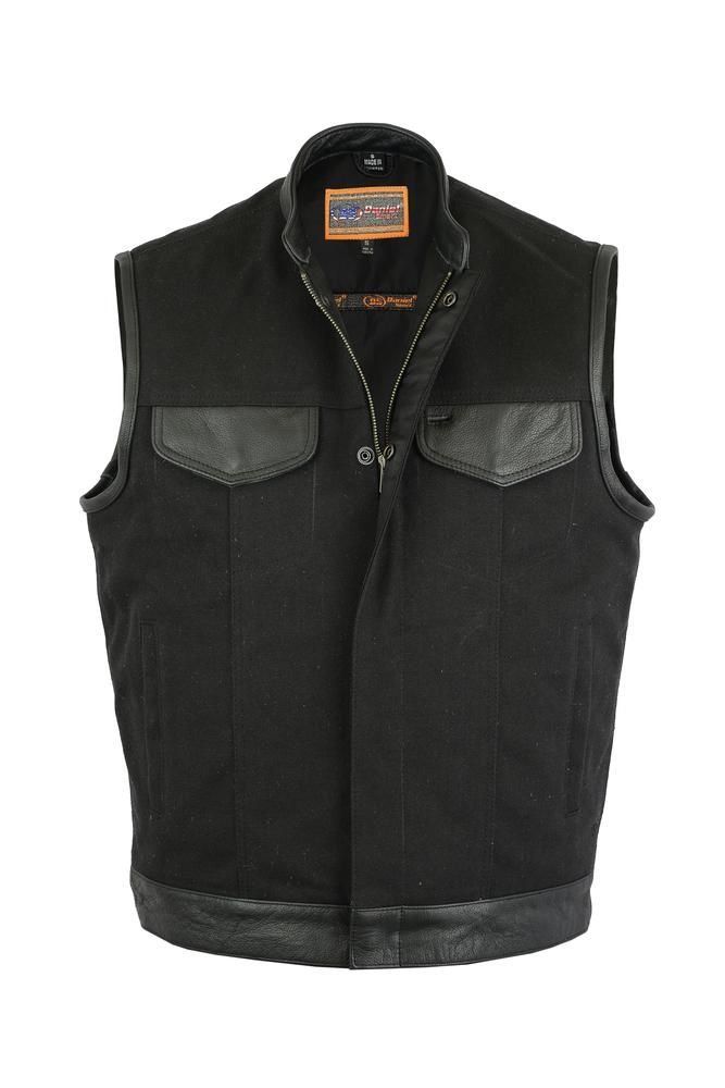 Daniel Smart - Men's Canvas Single Back Panel Concealment Vest W/Leather Trim - DS685 Men's Vests Virginia City Motorcycle Company Apparel Canvas Vest, Shoulder Support, Motorcycle Vest, Smart Men, Wind And Rain, Airbrush Art, Black Canvas, Front Zipper, Canvas Material