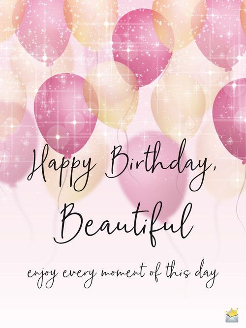 happy birthday beautiful card with pink and yellow balloons in the sky, stars and sparkles