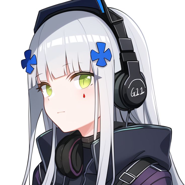 an anime character with white hair and green eyes wearing headphones, looking at the camera