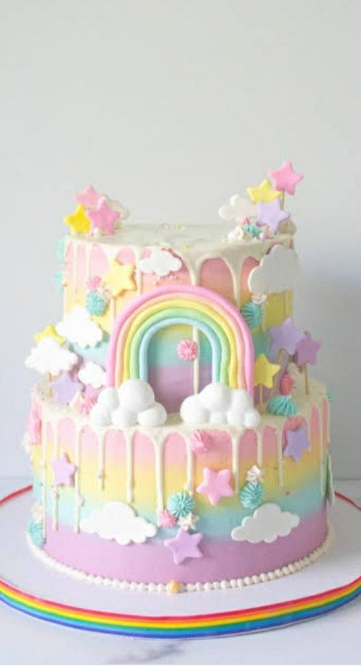 This is an Aesthetic Cake idea for 12 year old girls!! Pictures Of Cakes, Pastel Rainbow Cake, Cake Rainbow, 7th Birthday Cakes, 8th Birthday Cake, 6th Birthday Cakes, Aesthetic Rainbow, Cake Birthday Cake