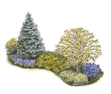 an image of a garden scene with trees and flowers on the ground in front of white background