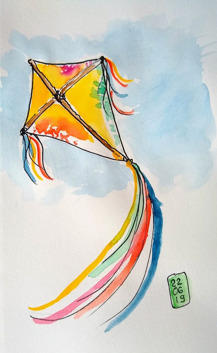 a drawing of a kite flying high in the sky with watercolors on paper