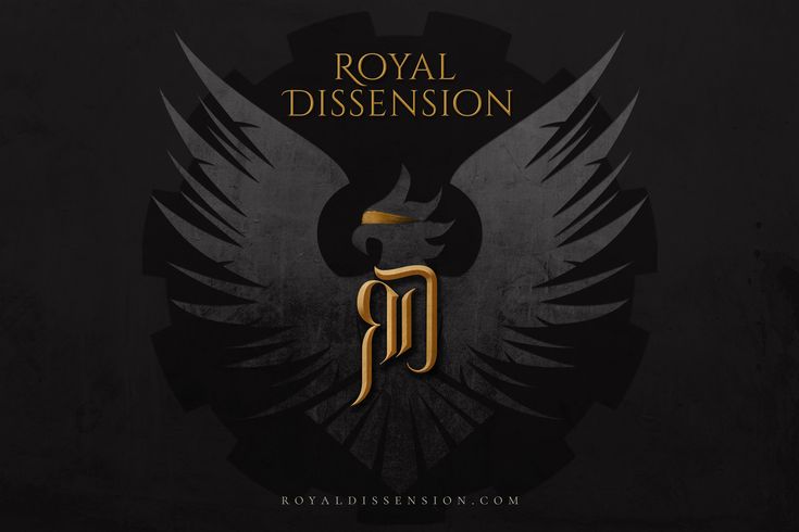 the royal dissonsion logo on a black background with gold lettering and an eagle