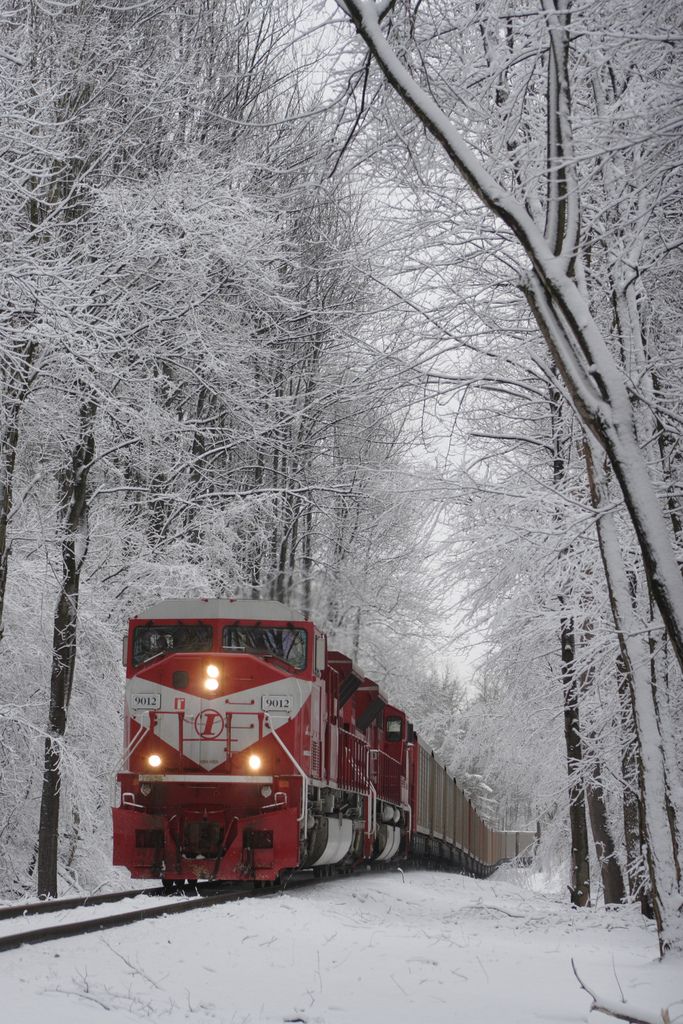 a red train traveling through a snow covered forest