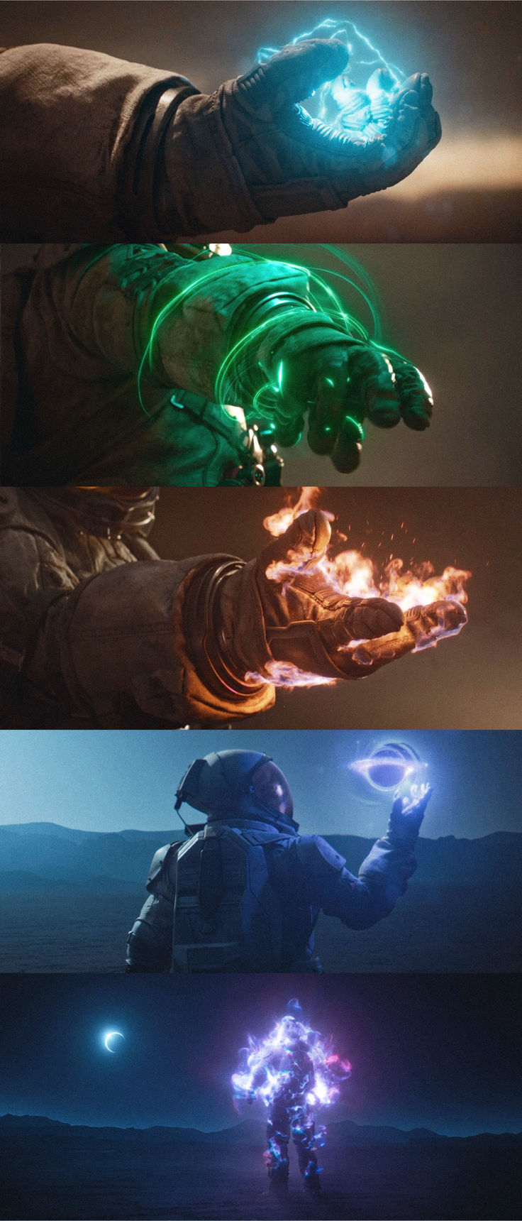 four different images of the same person holding something in their hand with fire and water