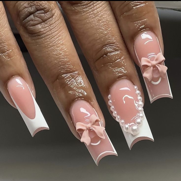 Birthday Nail Set Ideas December, Short Nails With Pearls, Medium Birthday Nails, Pearl Nails Acrylic, Nail Ideas Acrylic, Latina Nails, Hoco Nails, Hand Nails, Acrylic Toes