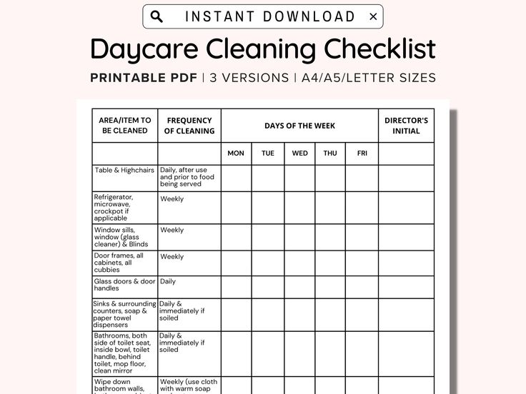 a printable cleaning checklist with the words,'daycare cleaning checklist printable