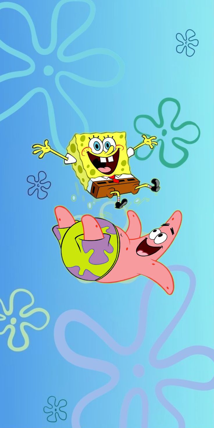 spongebob flying through the air with an instrument in his hand and another cartoon character