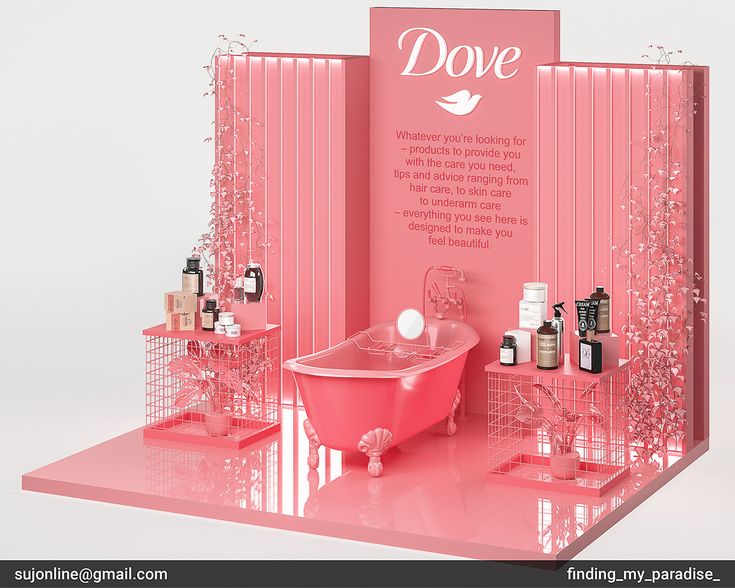 a pink bath tub sitting inside of a bathroom next to a shelf with bottles on it