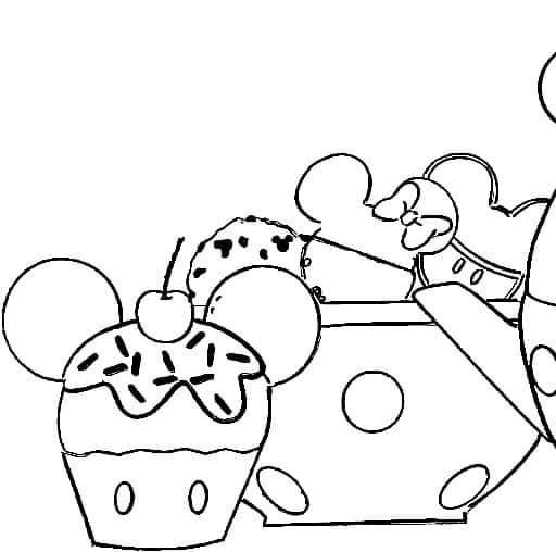 an image of mickey mouse and cupcakes in the style of cartoon characters coloring pages