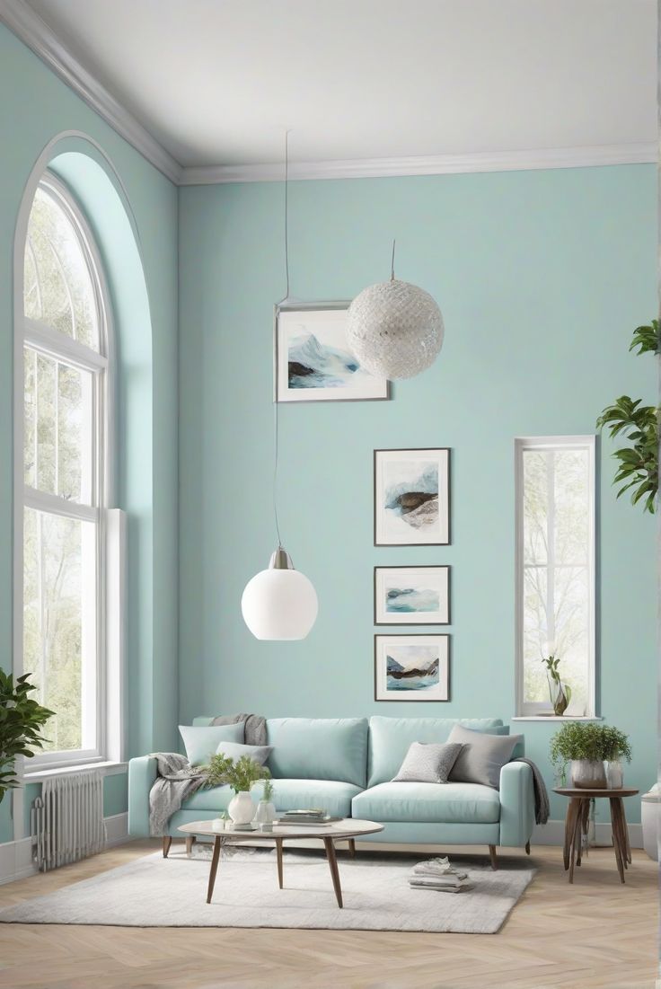 a living room with blue walls and furniture