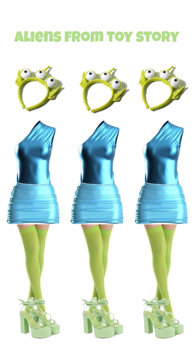 three women in blue dresses and green shoes with frog rings on their heads, one is wearing