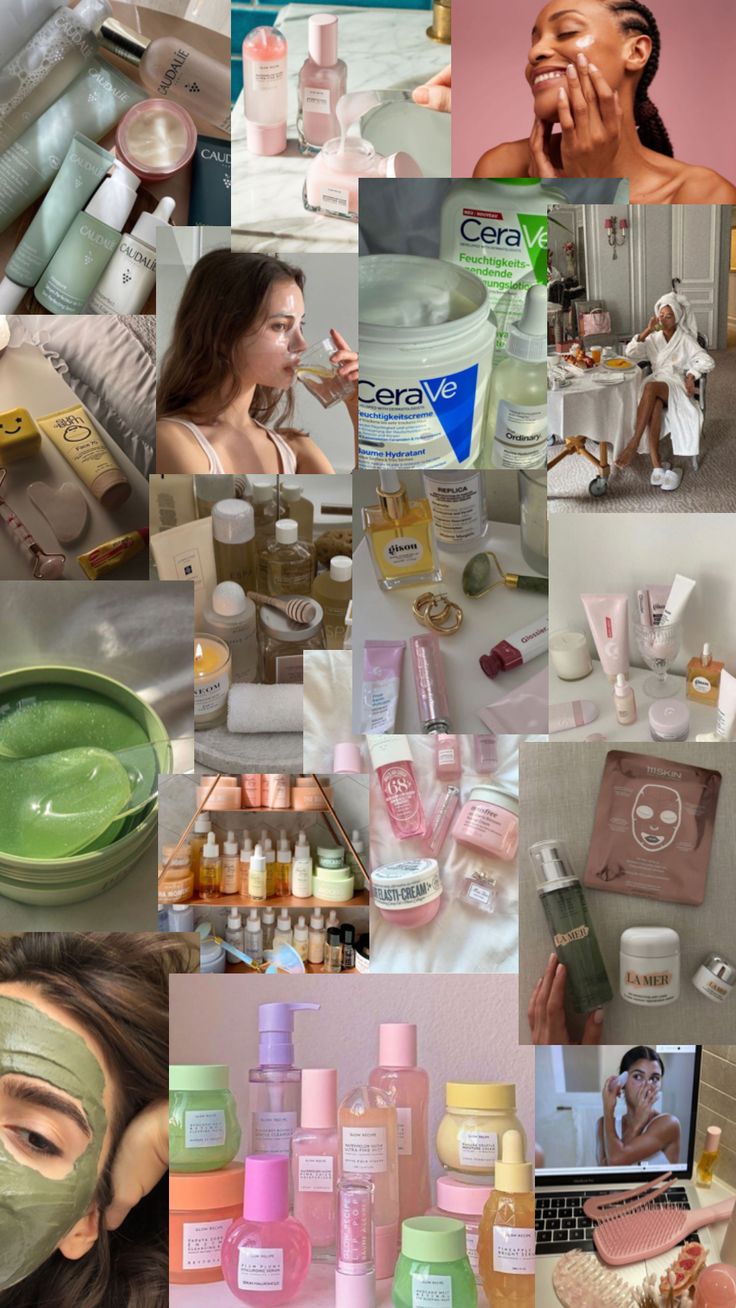 Skincare Aesthetic Pictures, What Are All The Aesthetics, Skin Care Asethic Picture, Skin Care Collage, Skin Care Wall, Selfcare Collage, Skin Care Aesthetic Pictures, Skin Care Vision Board, Skin Care Routine Aesthetic